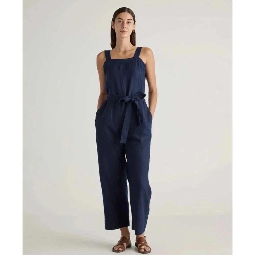 Quince 100% European Linen Square Neck Jumpsuit Deep Navy Size Medium
